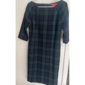 Catherine Malandrino~ Shift Dress Green Plaid Print Three-Quarter Sleeve ~Size 8